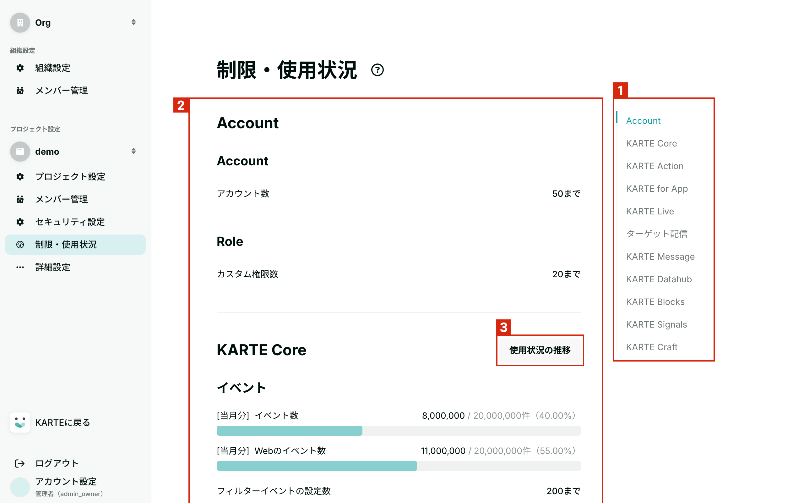 制限・使用状況を確認する | ドキュメント / 設定メニュー / 組織